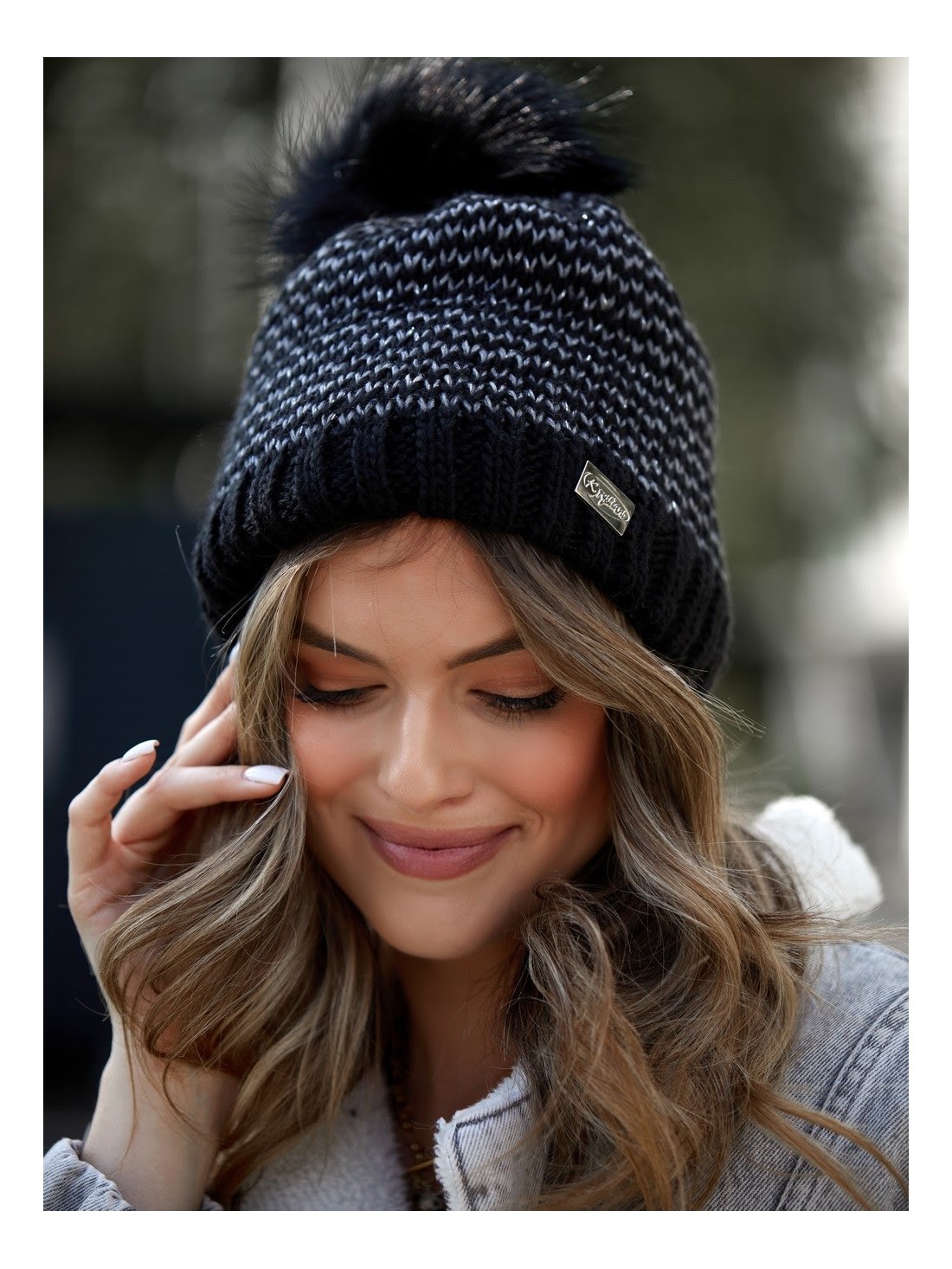 Black herringbone winter hat C44 - Online store - Boutique